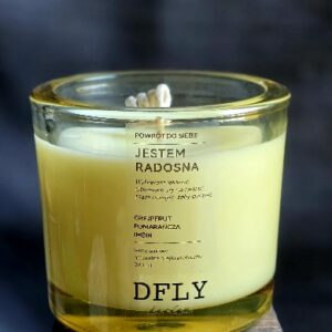 Naturalna świeca sojowa JESTEM RADOSNA z olejkami eterycznymi – Grejpfrut, Pomarańcza, Imbir